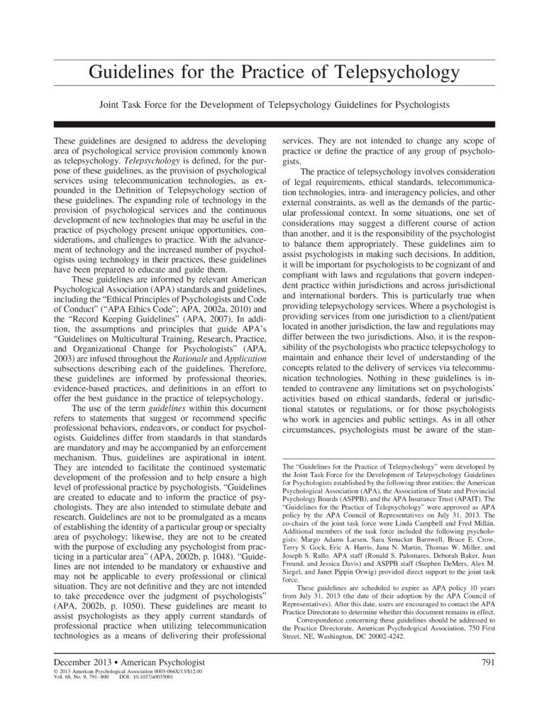 American Psychological Association (Joint Task Force for the Development of Telepsychology Guidelines for Psychologists) (2013)