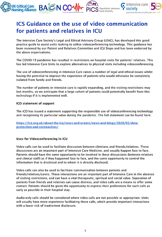 Intensive Care Society’s Legal and Ethical Advisory Group (2020). ICS Guidance on the Use of Video Communication for Patients and Relatives in ICU. London: ICS